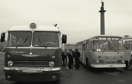 Buses, old, antique, B&W, St. Petersburg, Russia, Russian Federation, transportation