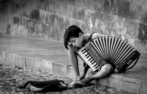 Rodos, Rhodes, Greece, musician, accordion, B&W